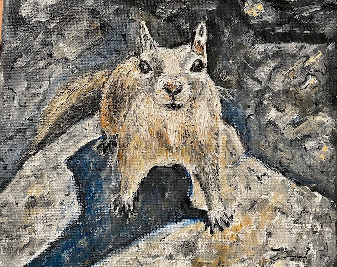 Squirrel on a Rock Wall Art Original Oil Painting 8"X8"