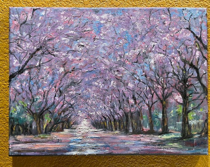 Spring Blossom Purple Blooming Trees Wall Art Original Oil Painting 12x16 in