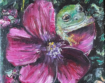 A Flower and a Frog Wall Art Original Oil Painting 5 x 7 in