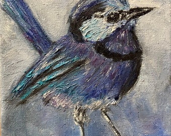 Blue Wren Tiny Bird Wall Art Original Oil Painting 6"x9”