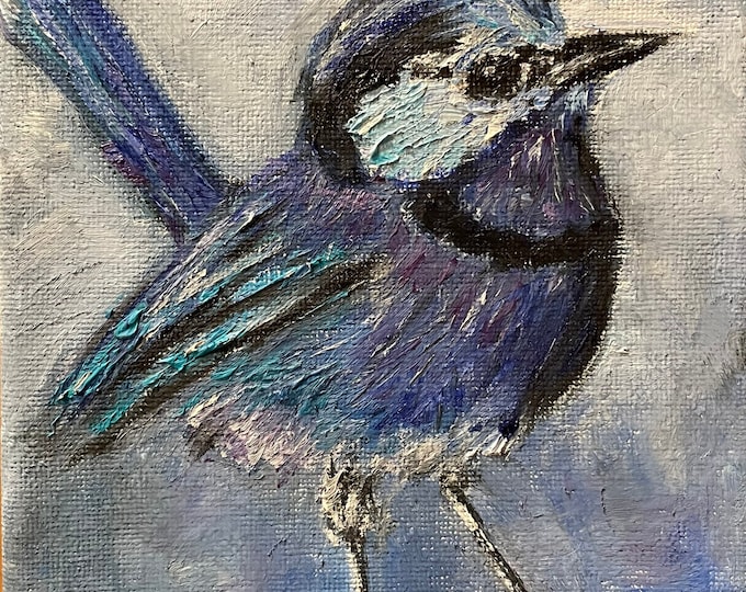 Blue Wren Tiny Bird Wall Art Original Oil Painting 6"x9”