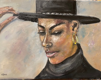 Woman in a Hat Portrait Face Wall Art Original Oil Painting  12"x16”