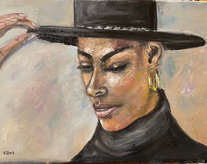 Woman in a Hat Portrait Face Wall Art Original Oil Painting  12"x16”