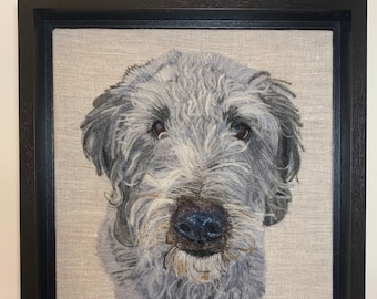 Custom pet portrait (dog, cat, other). Needle felted: "painted" with wool on linen and stretched over cavas or framed in floater frame