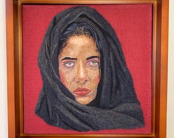 Wall decor: Needle felted portrait of woman with head scarf. Wool on linen, framed in wooden floater frame (no glass).