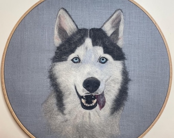Needle felted husky (“painted” with wool on linen) in 12 inch hoop