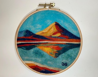 Laguna Verde, Bolivia. Needle felted (“painted” with wool on linen) and mounted in 6 inch embroidery hoop