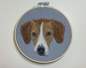 Needle felted foxhound (“painted” with wool on linen) in 6 inch hoop