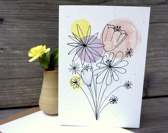 Aquarell Grußkarte - Blumen und Kreise 3