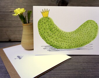 Aquarell Grußkarte - Gurke mit Krone - Essiggurke Kunst handgemalt - verrückt Geburtstag