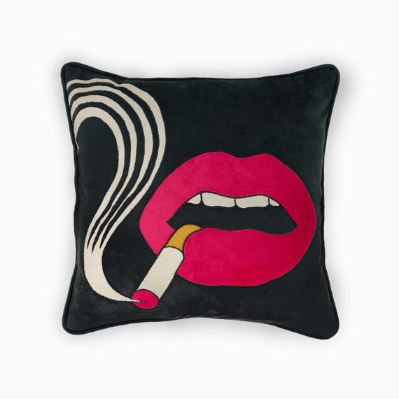 SMOLDER Smoking Lips Velvet Cushion Cover | Embroidered Pop Art Accent  Pillow