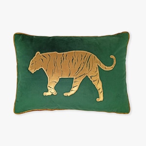 Sunderban Velvet Cushion Cover | Forest Green Tiger Embroidered Decorative Throw Pillow Case | Velvet Applique Cushion Case