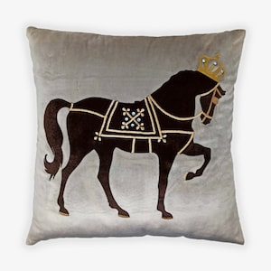 Beige Horse Cushion Cover for Living Room sofa, soft velvet embroidered cushion cover for bedroom decor, handmade throw pillow case