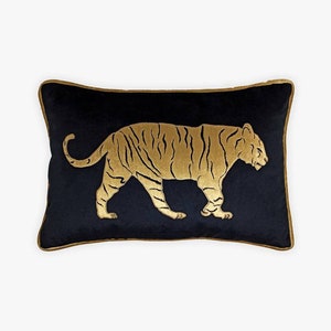 Sunderban Velvet Cushion Cover | Black Tiger Embroidered Decorative Throw Pillow Case | Velvet Applique Cushion Case