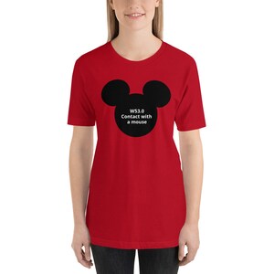 May include: Red short-sleeved t-shirt with a black Mickey Mouse silhouette and the text "W53.0 Contact with a mouse".
