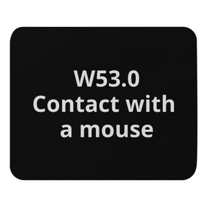 Könnte beinhalten: Schwarzes rechteckiges Mauspad mit abgerundeten Ecken. Der Text "W53.0 Kontakt mit einer Maus" ist weiß auf dem Pad zentriert gedruckt. Das Mauspad ist für die Computernutzung konzipiert.