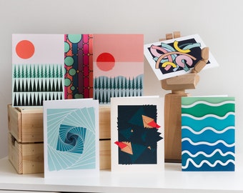 Greetings Card Bundle Deal | 3/5/10 Cards Mix and Match | 7x5" | Geometric Print | Colourful Modern Greetings Cards