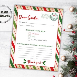 Carta imprimible a Santa para niños, Carta de querido Santa imprimible, Carta de niños a Santa, Lista de deseos de Navidad, Imprimibles de Navidad para niños