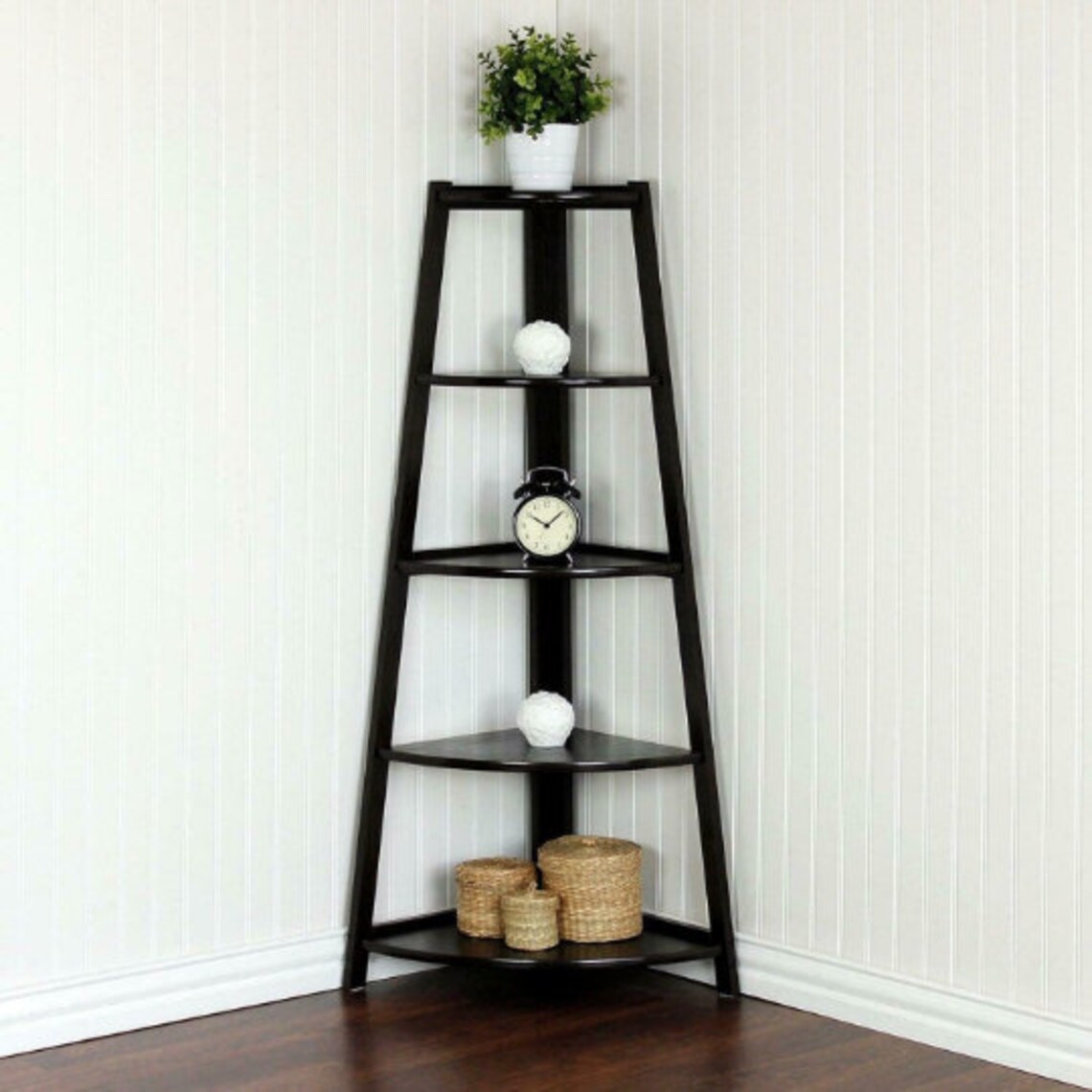 5 Tier Black Corner Ladder Shelving Unit Wall Leaning Etsy