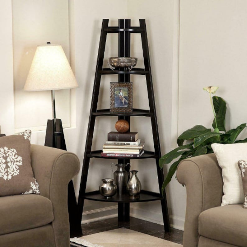 5 Tier Black Corner Ladder Shelving Unit Wall Leaning Etsy