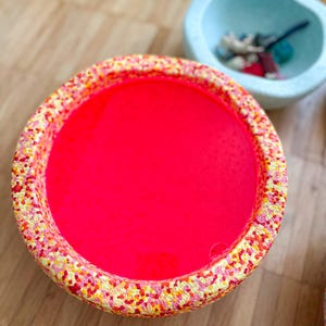 Può includere: Una ciotola rotonda con un interno rosa brillante e un bordo maculato e colorato. Il bordo presenta un motivo a pois rossi, gialli e arancioni. Un'altra ciotola azzurra è visibile sullo sfondo.