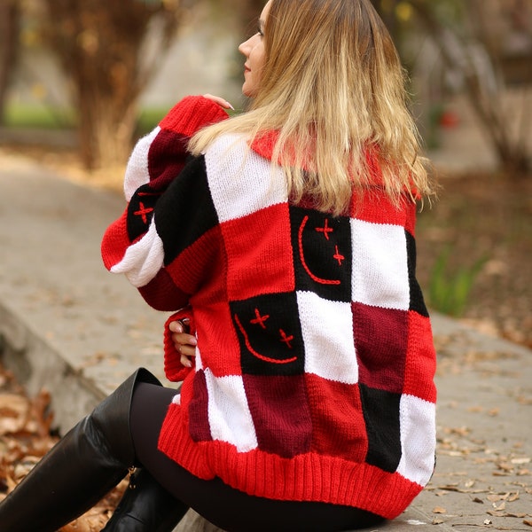 Louis Tomlinson Cardigan Red&Black Louis Patchwork Cardigan