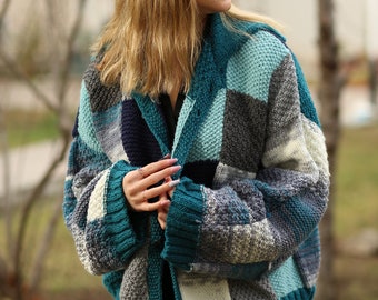 Patchwork Oversized cardigan Hand Knitted Blue&gray Cardigan