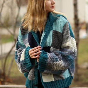 Patchwork Oversized cardigan Hand Knitted Blue&gray Cardigan