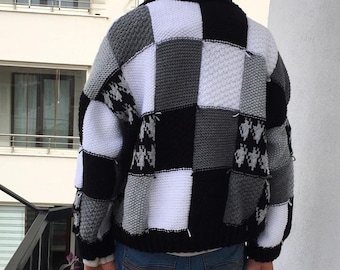 Patchwork Cardigan Black Gray White Sweater - Etsy