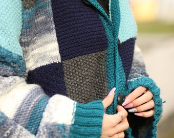 Patchwork Oversized Cardigan Hand Knitted Blue&gray Cardigan - Etsy