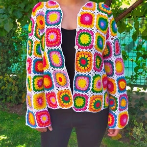 Granny Square Cardigan Colorful Patchwork Hand Knitted Sweater Chunky Cardigan