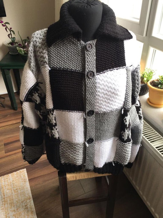 Patchwork Cardigan Black Gray White Sweater - Etsy Patchwork Cardigan Black Gray White Sweater - Etsy
