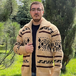 The Dude Sweater Big Lebowski Cardigan,Vintage Sweater,Western Cowichan Sweater,Hand Knit Chunky Wool Mexican Sweater for Cool Weather Gift