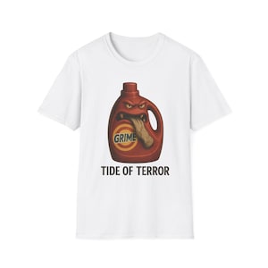 May include: White t-shirt with a graphic of a red detergent bottle with a monster face and the words "GRIME" and "TIDE OF TERROR" printed on it.