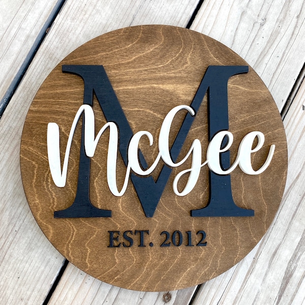 Custom Family Name Monogram Established 3D Round Sign Wood Circle Wall Sign