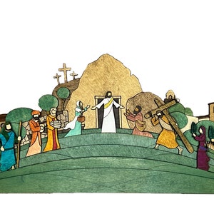 Easter Display Scene Decor, Easter Nativity Creche, hand-painted, Jesus Christ resurrection scene from layered wood, Easter Decor