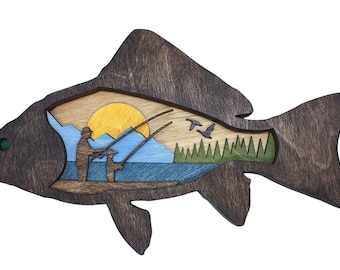 Fishing wall art 3D Layered Fishing Scene Father's Day Gift Fishing Gift Father Son, Fisherman Sunset, Grandfather Grandson, Fishing boat