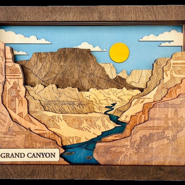 Grand Canyon National Park Wall Art Decor shadowbox Style, layered in stained wood framed Unique Gift for Hiker, Outdoors, Nature 12"x16"