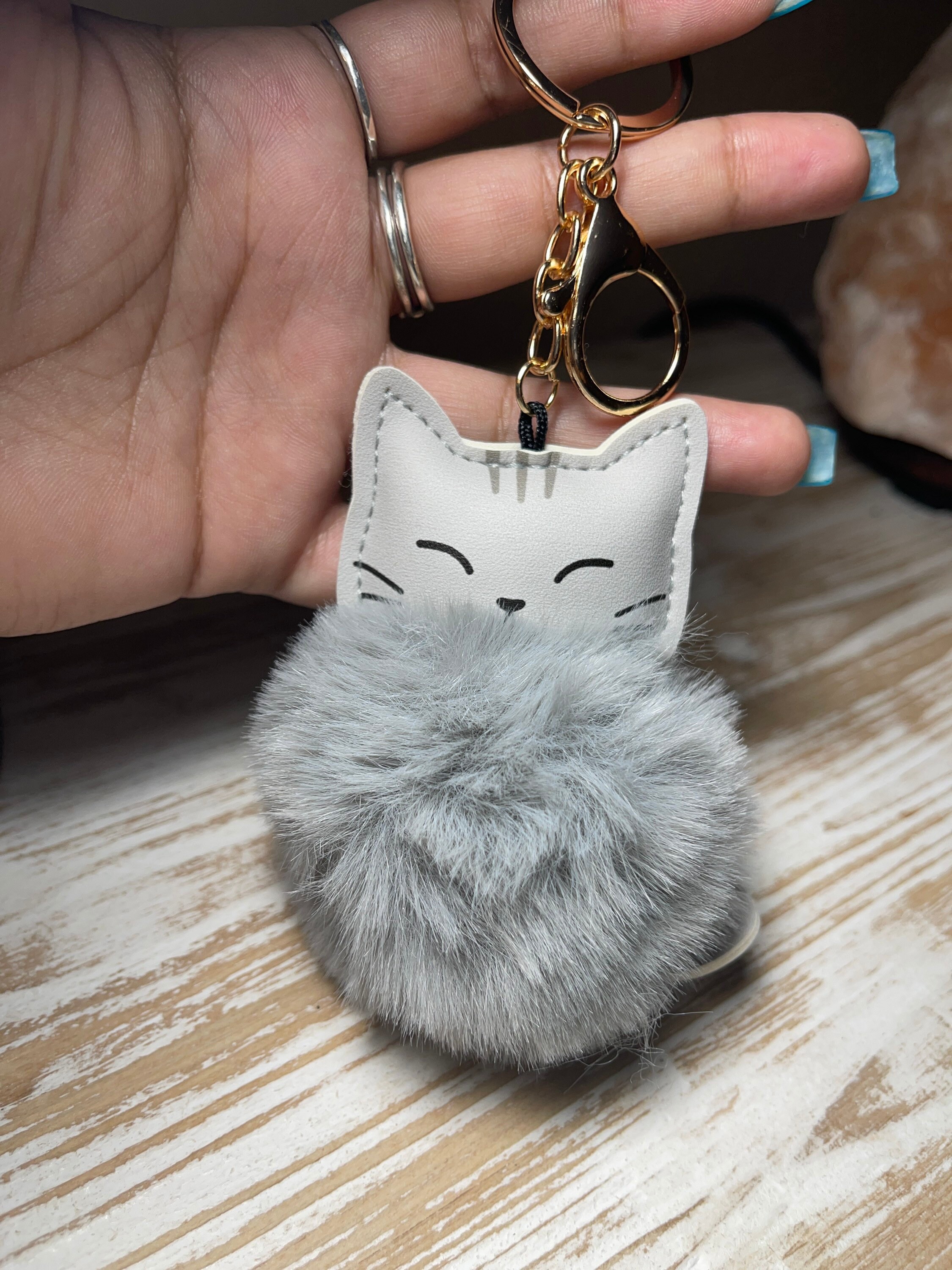 Cute and perfect Gray cat and puffball keychain. Adorable gift Etsy