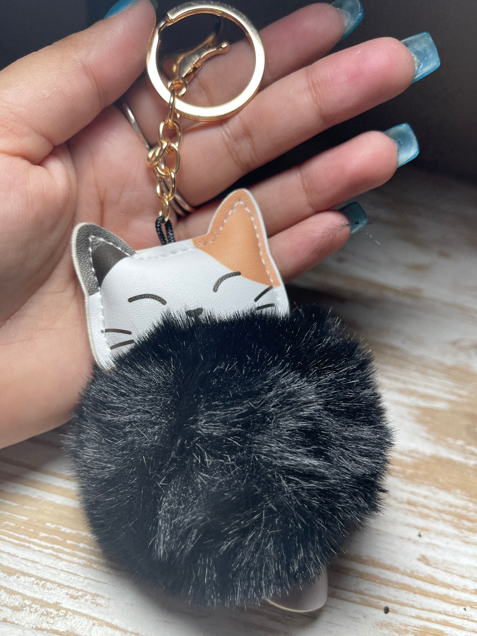 Adorable Cat puffball keychain. Multi colored cat with black Etsy
