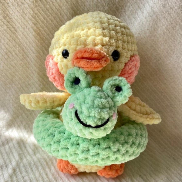 Duckling in a frog ring / duck with frog / crocheted / handmade / cuddly toy / gift idea