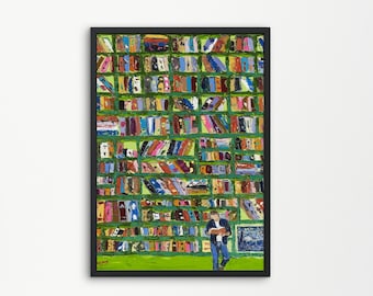 Journey to the Land of Books | Book Lover Gift | Library Wall Decor | Colorful Bookshelf Poster | Contemporary Printable Wall Art