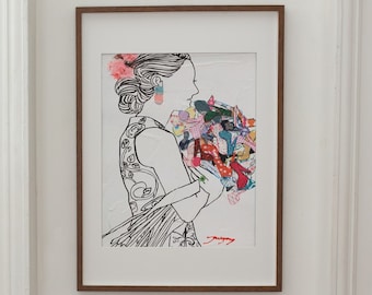 Woman Illustration Wall Art | Unique Art Print | Simple Line Drawing | Mixed Meida | Collage | Printable Wall Art | Digital Print