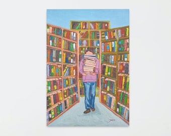Man Reading a Book | My  book cafe |The appearance of a bookshelf full of books | Colorful bookshelf | Modern art | Home decor | Wall Decor
