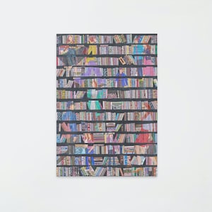 May include: A gray wooden bench with a bookshelf filled with colorful books on the wall behind it. A brown leather chair with wooden legs sits on the right side of the image. A potted plant sits on the floor next to the chair.