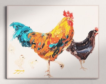 Farmhouse Wall Decor | Chicken and Chicks Wall Art | Rooster Drawing | Nursery Art Poster | Animal Painting | Printable Wall Art