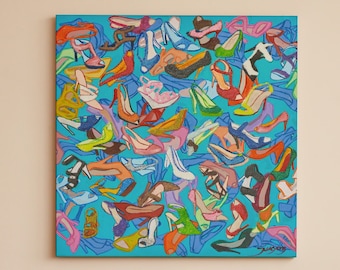 High heel Collection | Fashion Leader | Healing Shoes | Colorful Acrylic Painting | Creative Contemporary Art | Modern Living Room Decor