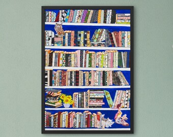 Blue Book Cafe | Books and Friends | Book Lover Gift | Library Wall Decor | Colorful Bookshelf Poster | Contemporary Printable Wall Art