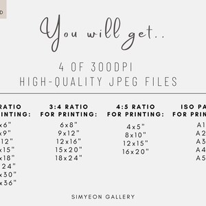 May include: A white graphic with black text listing different sizes of digital printable images in inches. The text reads "You will get... 4 of 300 DPI High-Quality JPEG Files" and lists sizes for 2:3, 3:4, 4:5 ratios and ISO paper sizes.