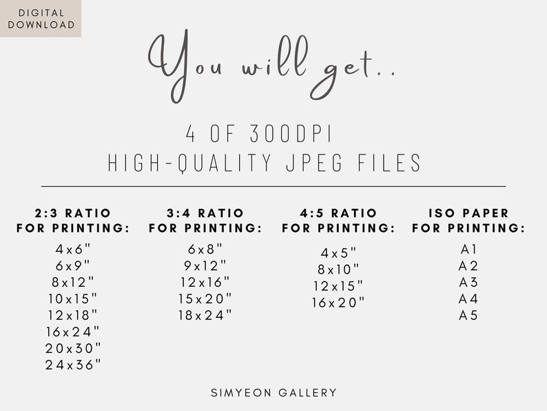 May include: A white graphic with black text listing different sizes of digital printable images in inches. The text reads "You will get... 4 of 300 DPI High-Quality JPEG Files" and lists sizes for 2:3, 3:4, 4:5 ratios and ISO paper sizes.